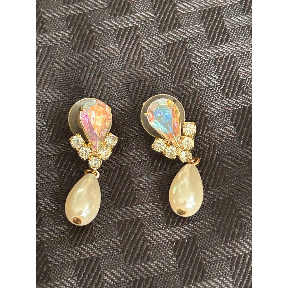 Vintage Aurora Borealis Rhinestone Faux Pearl Drop Dangle Pierced Earrings